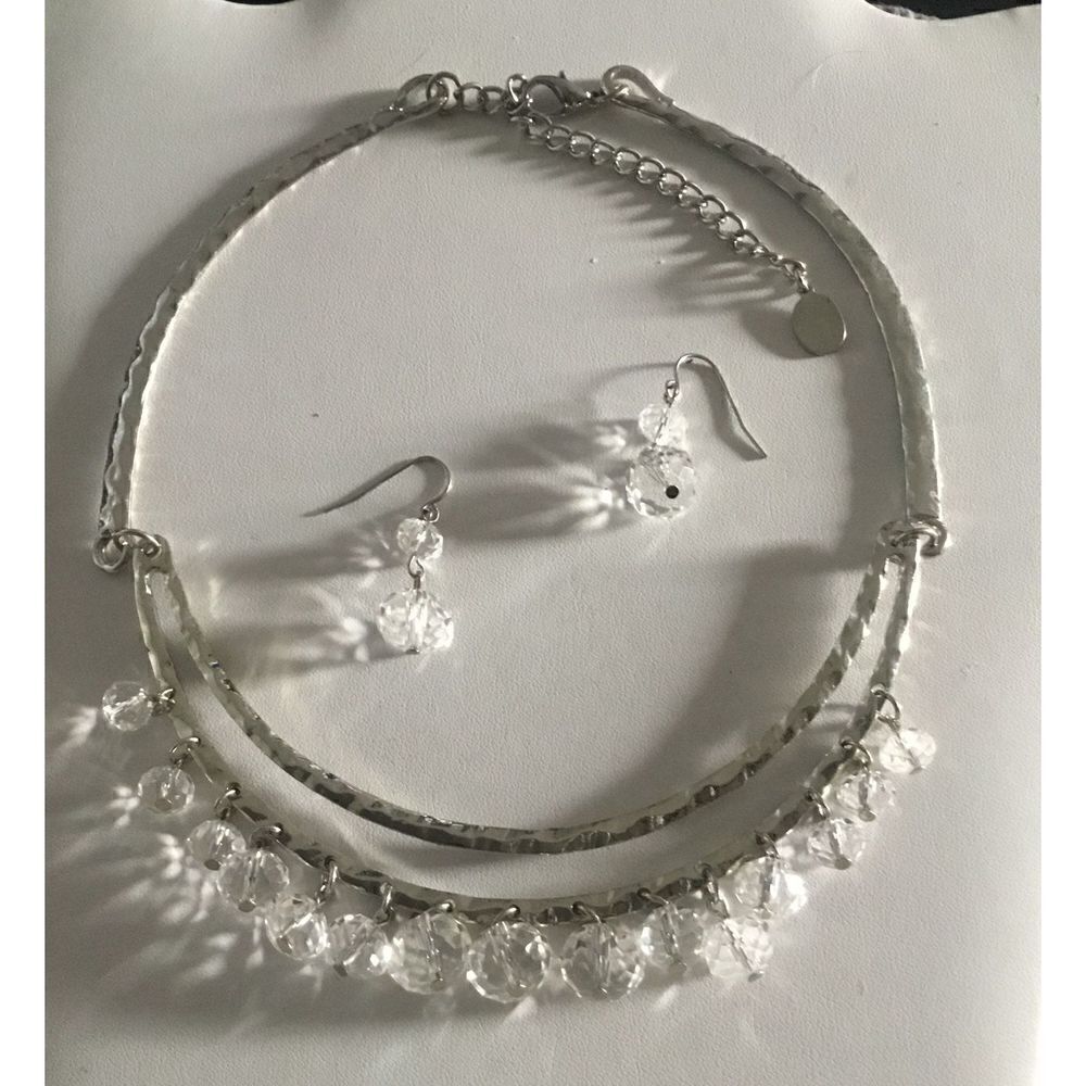 New~Silver Faceted Crystal Double Drop Beads ChaCha Choker Necklace/Earring Set